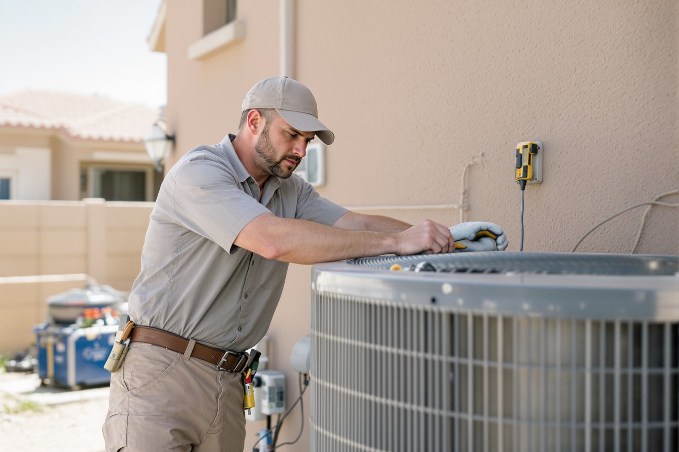 Technician diagnosing AC unit
